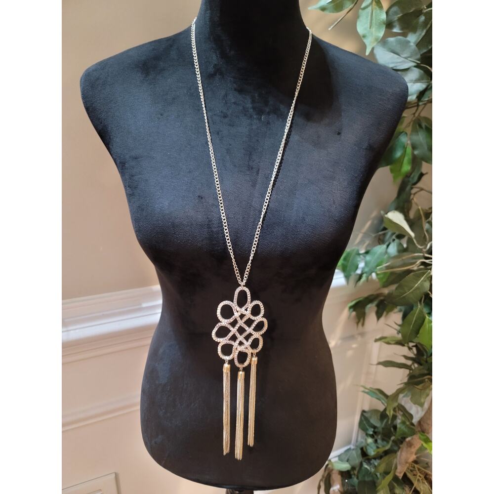 Women's Long Silver Pendant Necklace Tassel Statement Lobster Clasp